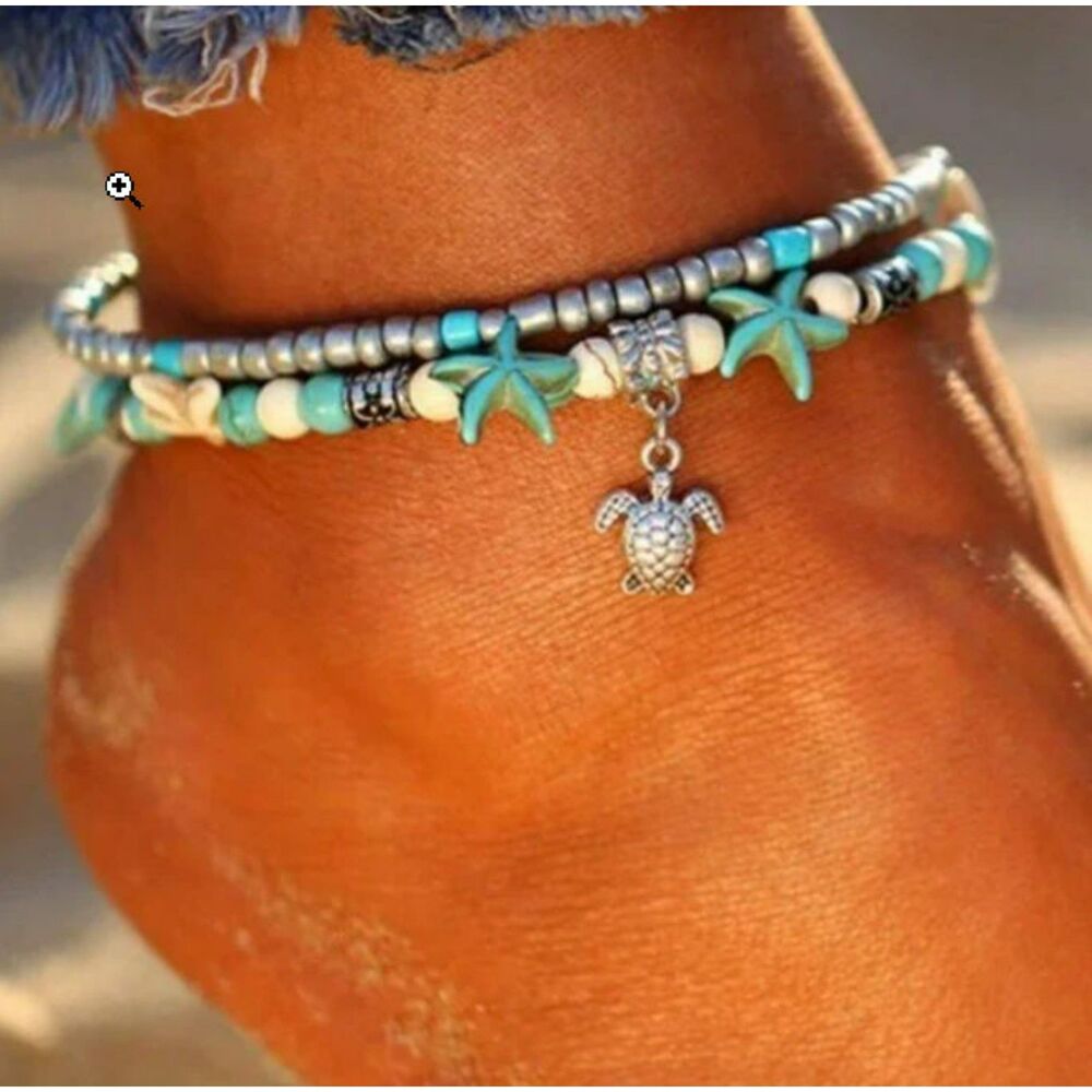 NEW By the Sea Double Ankle Bracelet Starfish Turtle Turquoise Ivory Silver